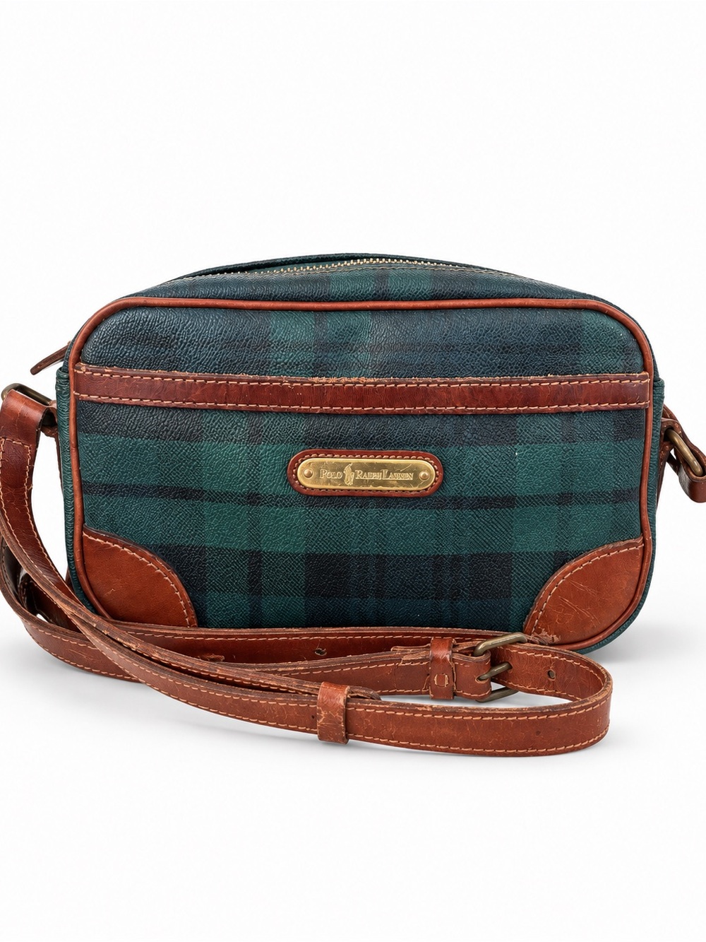 Vintage 90s Polo Ralph Lauren Blackwatch Plaid Crossbody Bag Leather Tartan